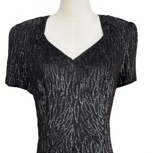 New 90s Formal Black Maxi Sheath Dress Size 14 Silk Sequin Beaded Wedding Prom